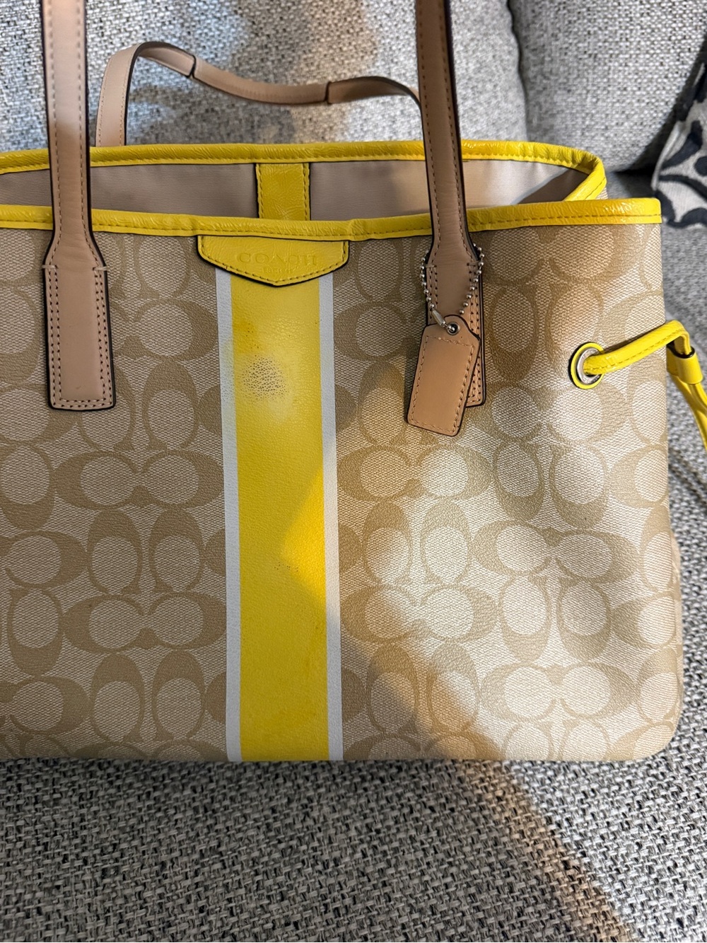 Coach Beige Signature Tote with Yellow Trim and Tan Handles - Picture 9 of 13